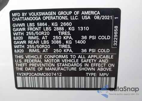 2021 Volkswagen Atlas 2.0T Se W/Technology from USA, damaged, VIN 1V2KP2CA0MC607412